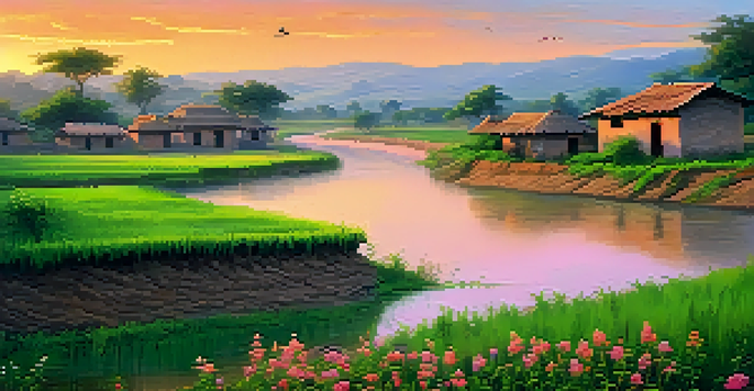 A tranquil rural scene in India with green fields, wildflowers, a flowing river, and mud houses under a colorful sunset sky.