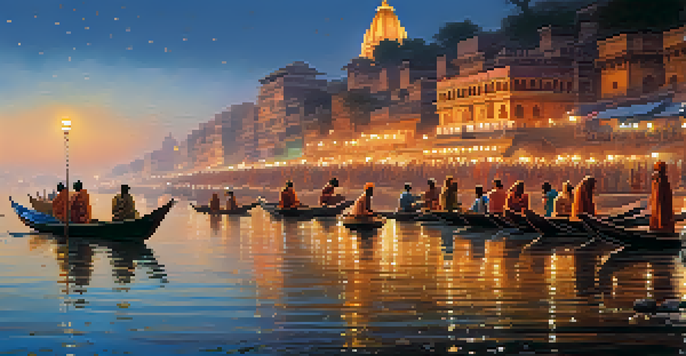 A peaceful morning at the Ganges River in Varanasi, with pilgrims in traditional clothing performing rituals amidst ancient temples, all bathed in the warm glow of sunrise.