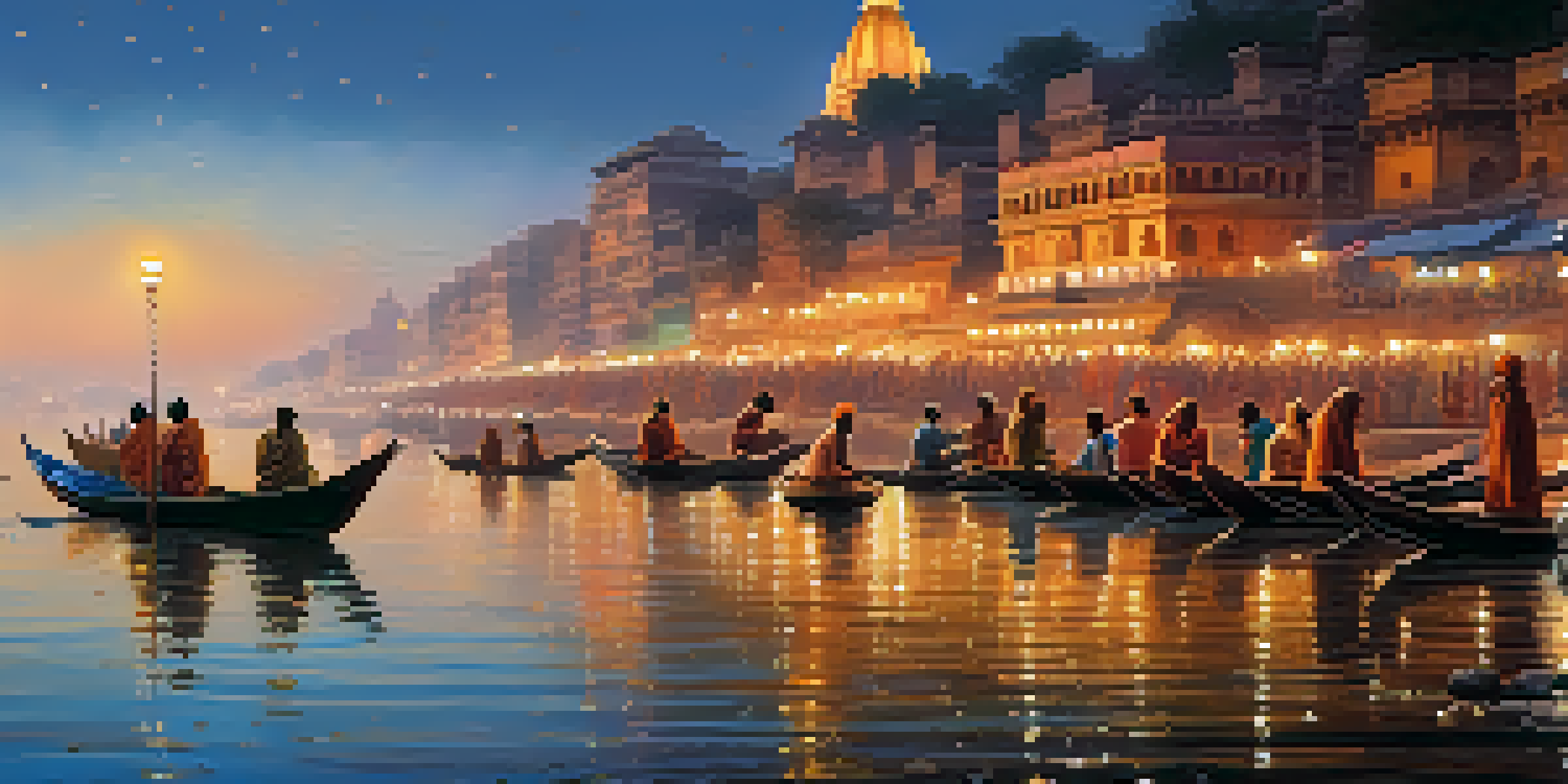 A peaceful morning at the Ganges River in Varanasi, with pilgrims in traditional clothing performing rituals amidst ancient temples, all bathed in the warm glow of sunrise.