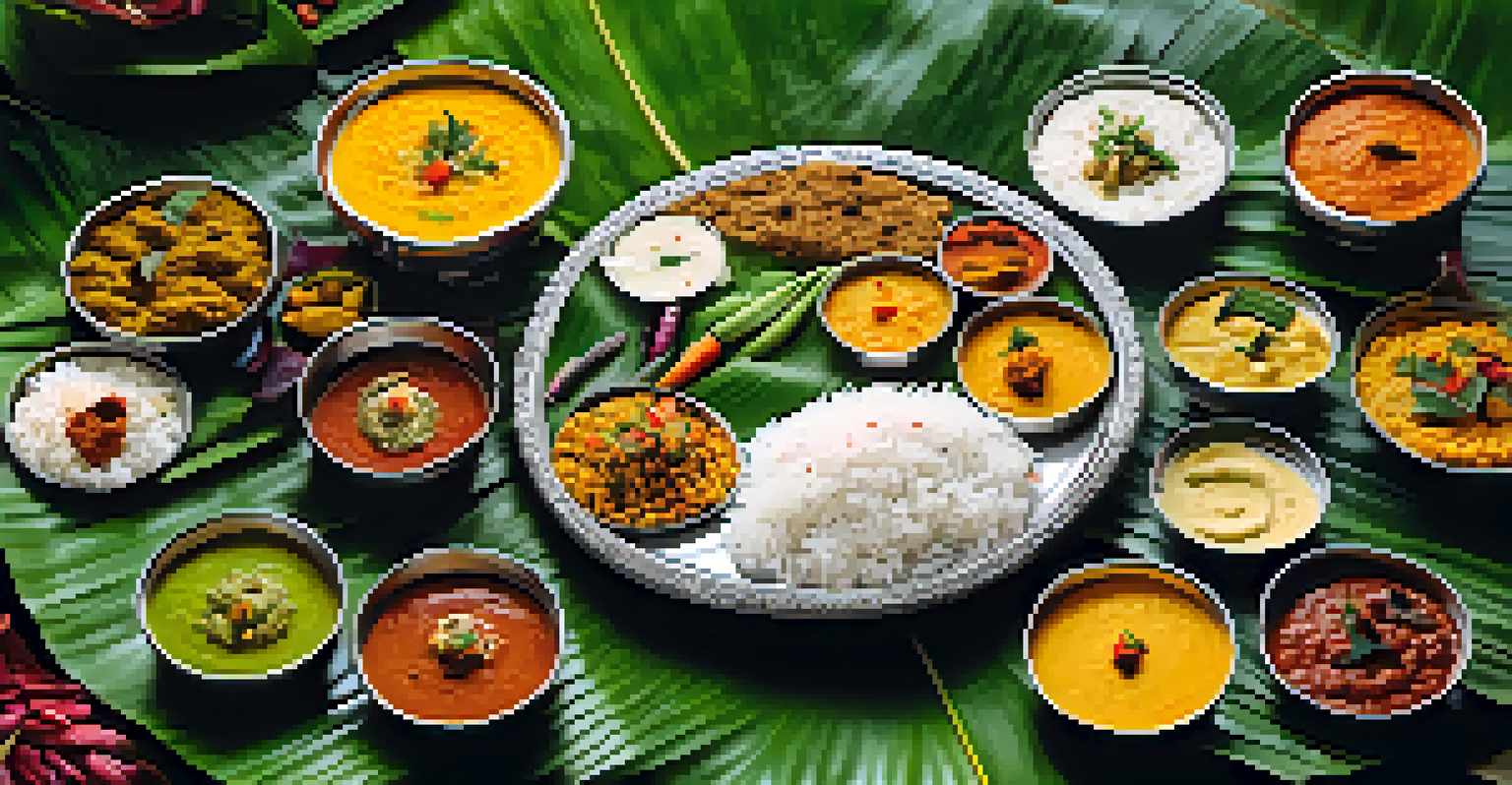 A traditional Indian vegetarian feast displayed on a banana leaf, featuring colorful dishes and a festive setting.