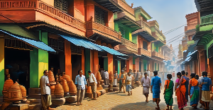 A lively street in North Kolkata with artisans making clay idols and colorful decorations, surrounded by colonial buildings and locals.