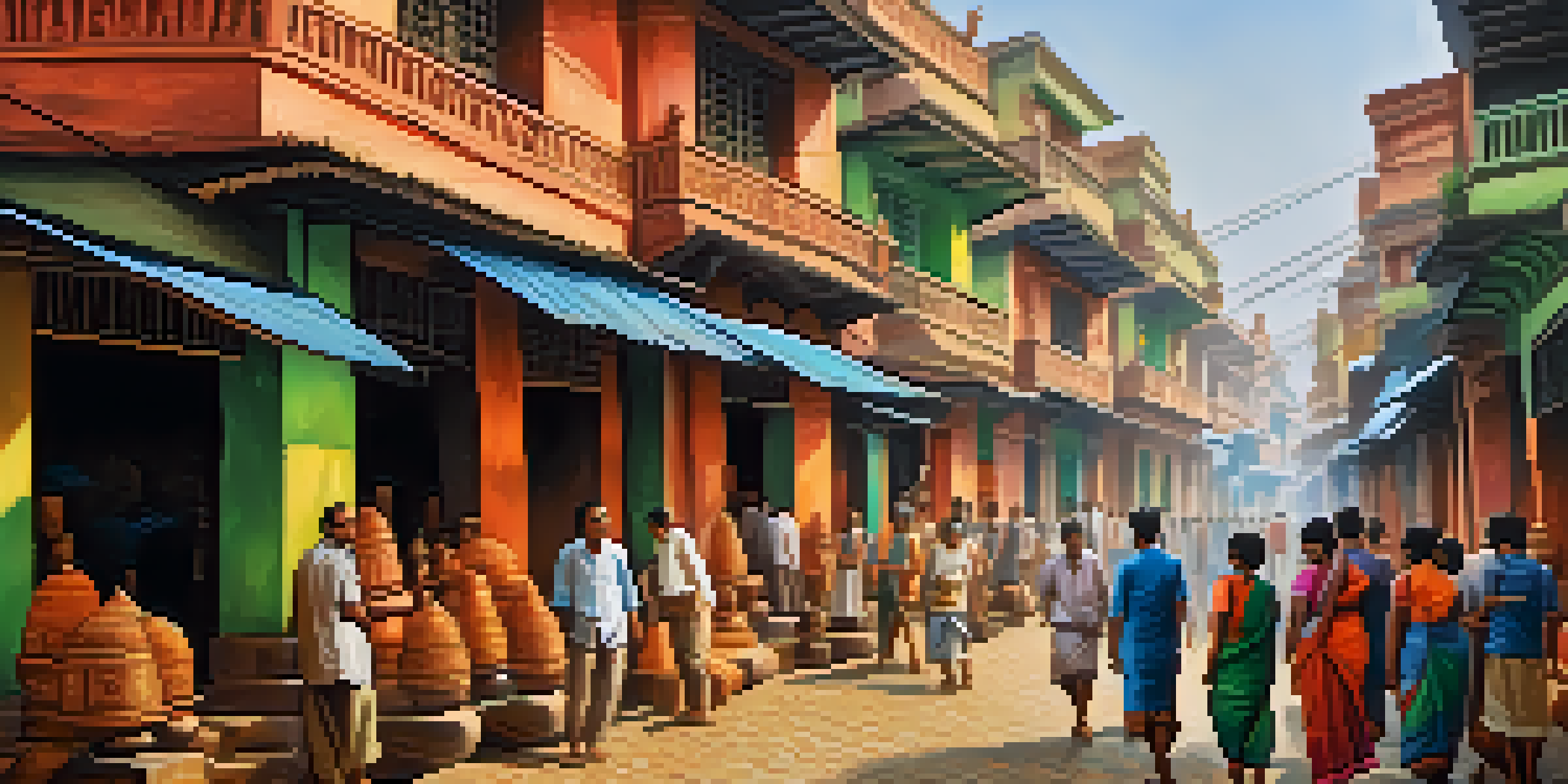 A lively street in North Kolkata with artisans making clay idols and colorful decorations, surrounded by colonial buildings and locals.