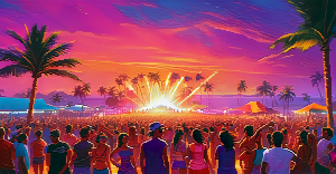 A lively beach festival scene with a crowd dancing at sunset, colorful lights, and a DJ on stage.