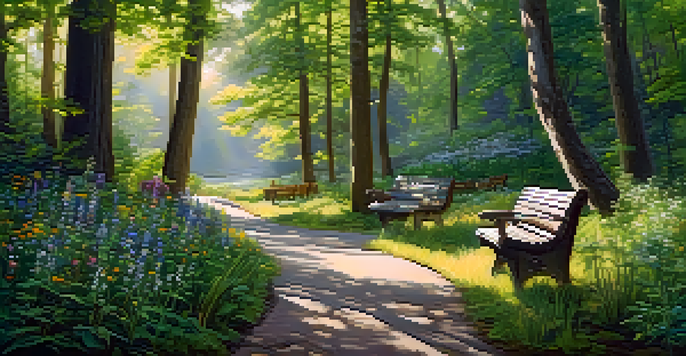 A picturesque heritage trail surrounded by trees and wildflowers, with sunlight creating a warm ambiance and visitors walking along the path.