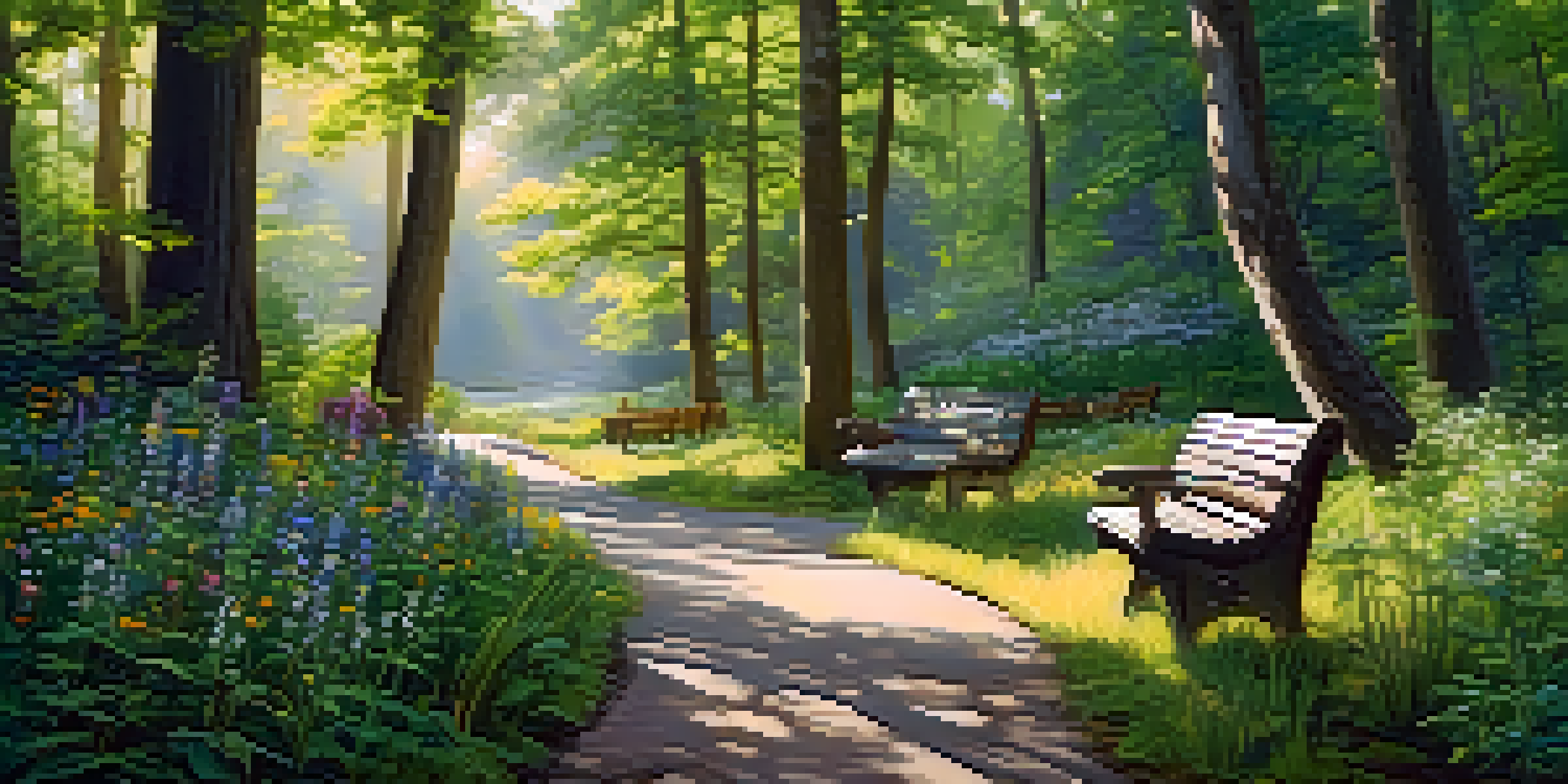 A picturesque heritage trail surrounded by trees and wildflowers, with sunlight creating a warm ambiance and visitors walking along the path.