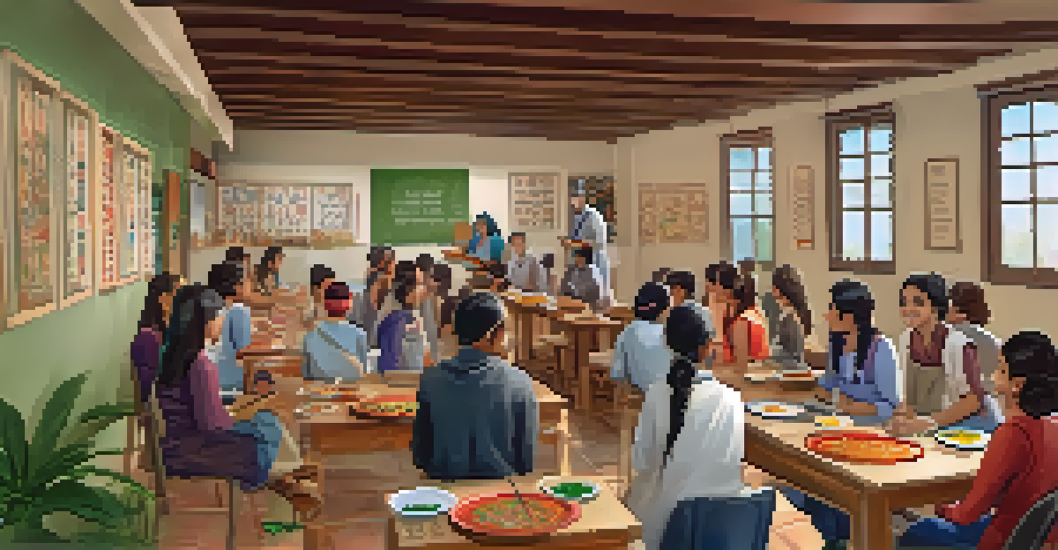 A diverse group of students in a cozy classroom setting learning Hindi, surrounded by cultural artifacts and cooking traditional Indian dishes.
