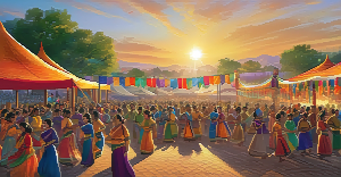 A lively outdoor cultural festival with diverse participants dancing and playing music, surrounded by colorful decorations and food stalls, illuminated by a warm sunset.