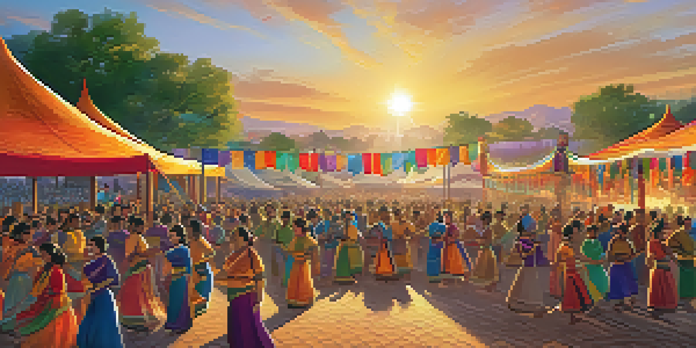 A lively outdoor cultural festival with diverse participants dancing and playing music, surrounded by colorful decorations and food stalls, illuminated by a warm sunset.