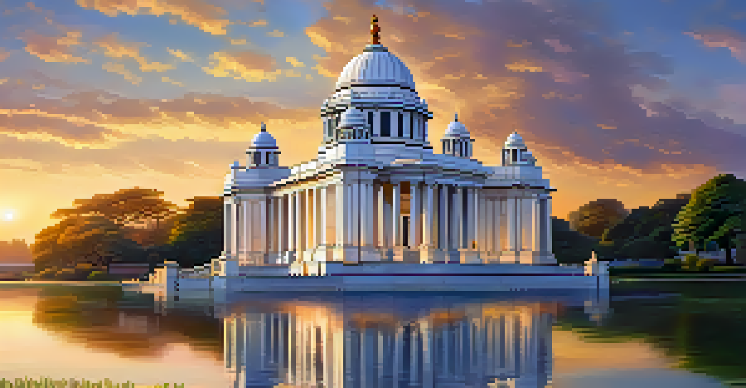The Victoria Memorial in Kolkata at sunset, surrounded by beautiful gardens and a reflective lake.
