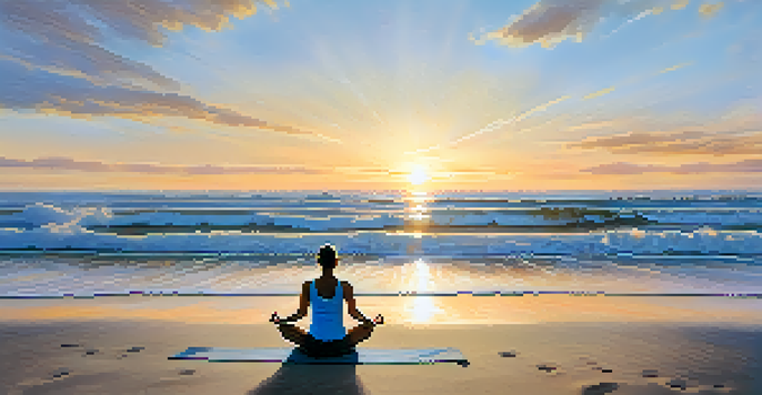 A person practicing yoga on a beach at sunrise with soft waves and a pastel sky.