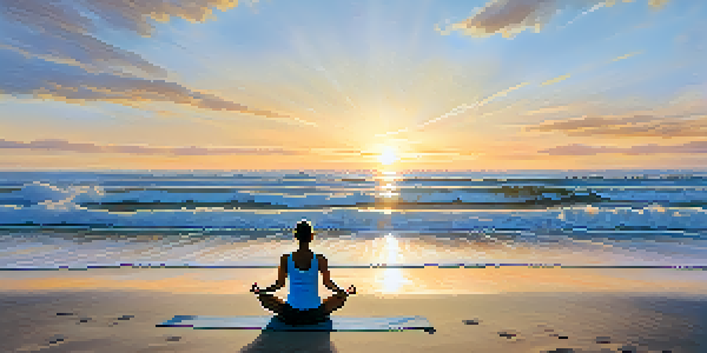 A person practicing yoga on a beach at sunrise with soft waves and a pastel sky.