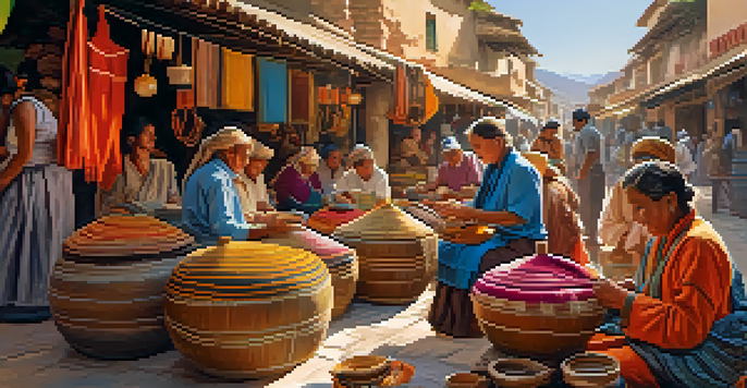 Artisans working together in a colorful market, surrounded by handmade crafts and textiles, with warm sunlight enhancing the vibrant scene.
