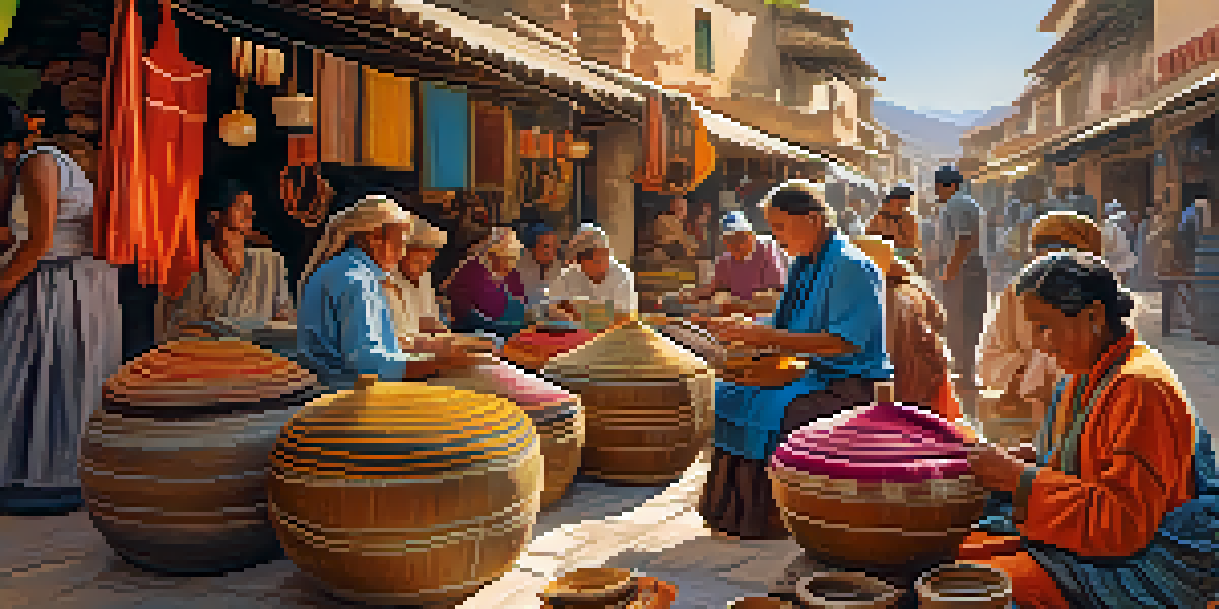 Artisans working together in a colorful market, surrounded by handmade crafts and textiles, with warm sunlight enhancing the vibrant scene.