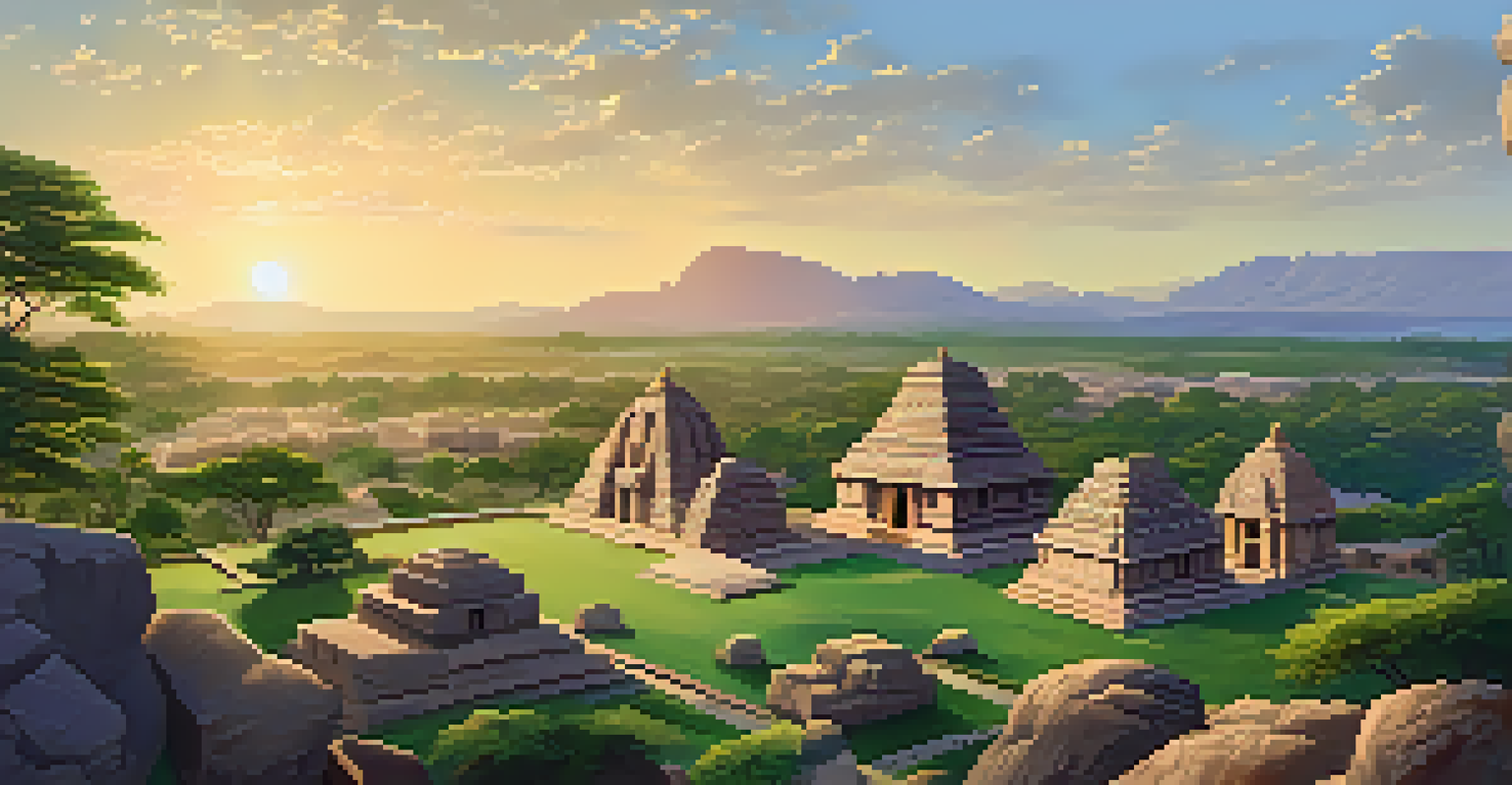 Aerial view of Hampi's ancient ruins and rocky landscape at sunset, highlighting the intricate stone carvings.
