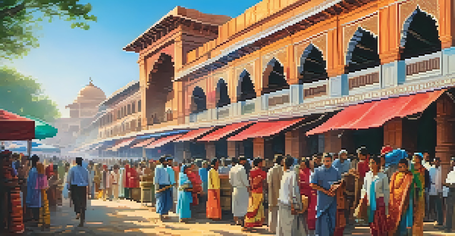 A colorful market near a colonial-era building in India, with artisans and vibrant textiles.
