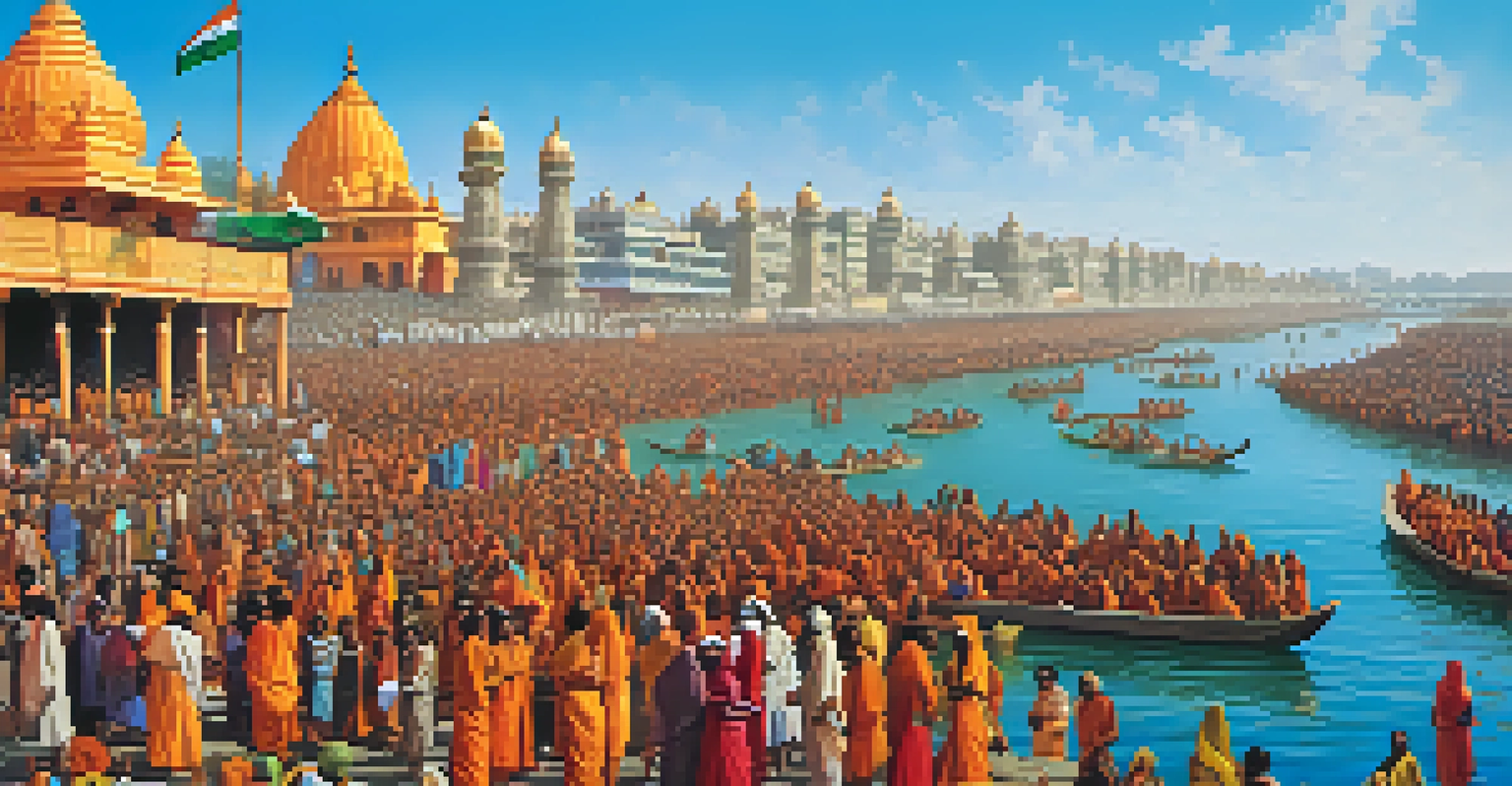 A lively gathering of Hindu pilgrims at Kumbh Mela near a river, with colorful clothing and temples in the background.