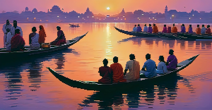A picturesque sunset over the Ganges River, with ancient temples along the banks and locals performing rituals.