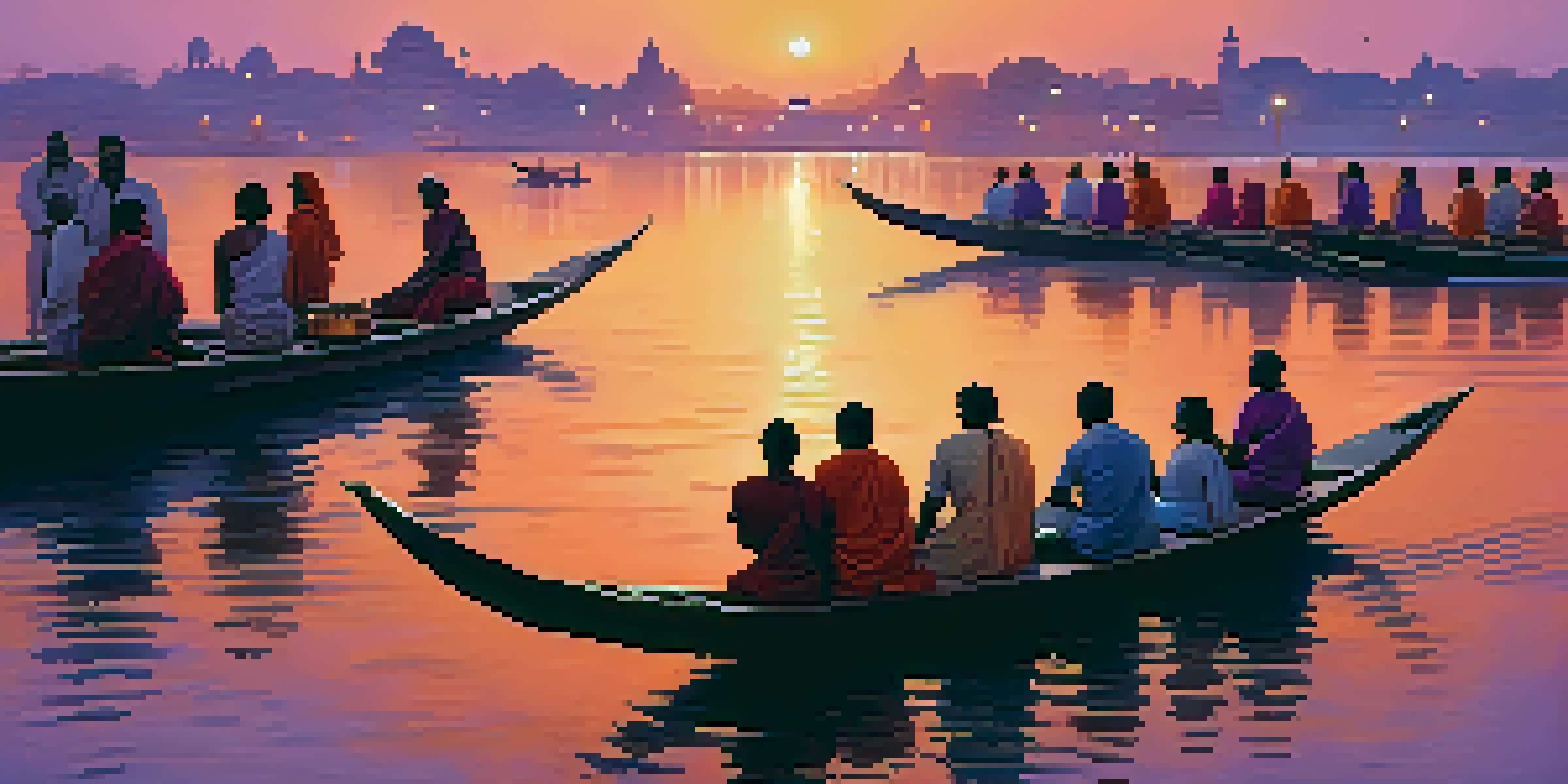 A picturesque sunset over the Ganges River, with ancient temples along the banks and locals performing rituals.