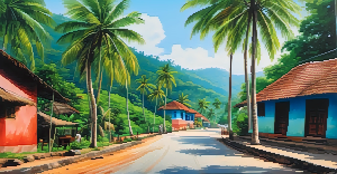 A picturesque view of a winding road through green hills in Kerala with coconut trees and traditional houses.