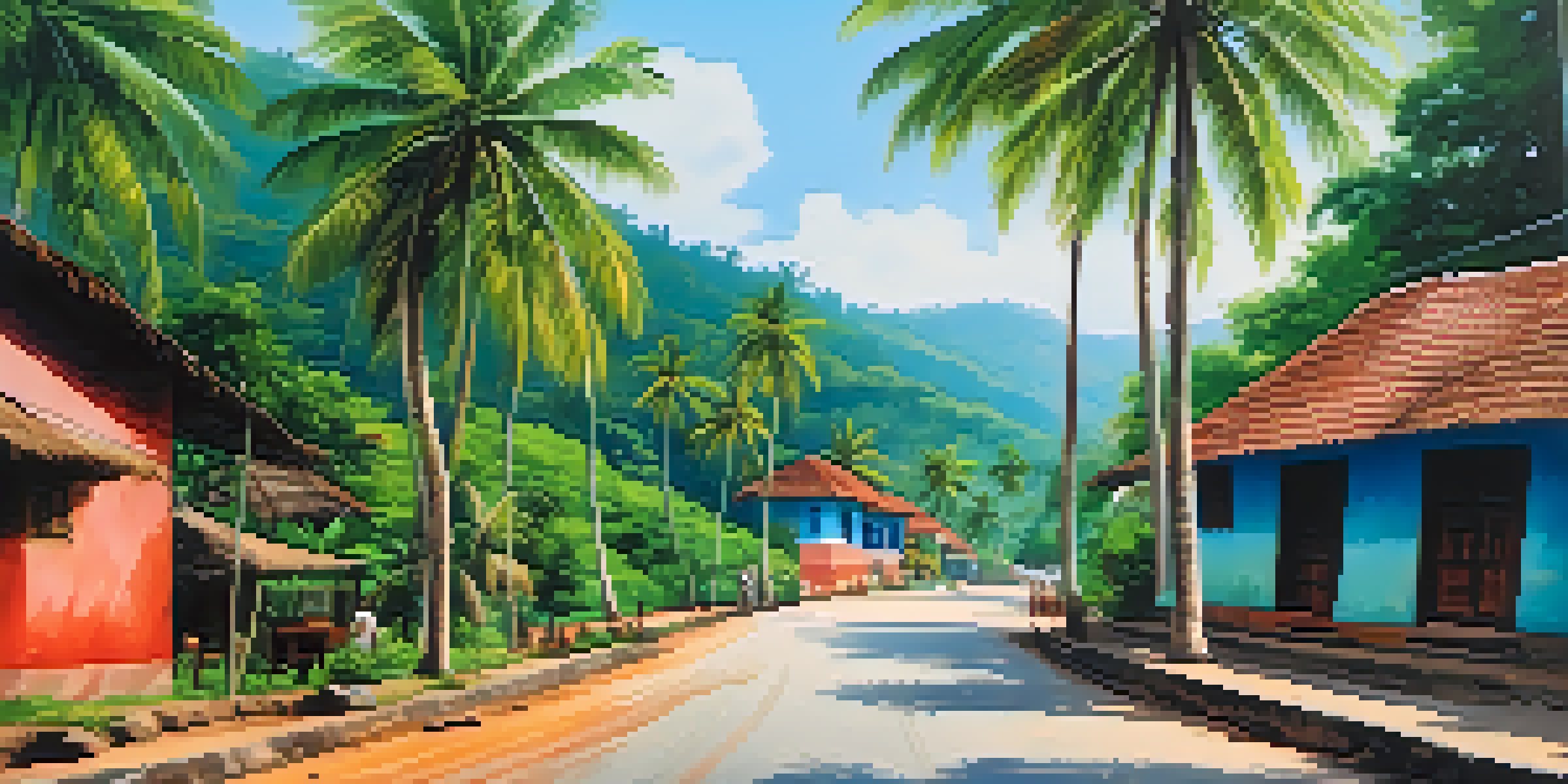 A picturesque view of a winding road through green hills in Kerala with coconut trees and traditional houses.