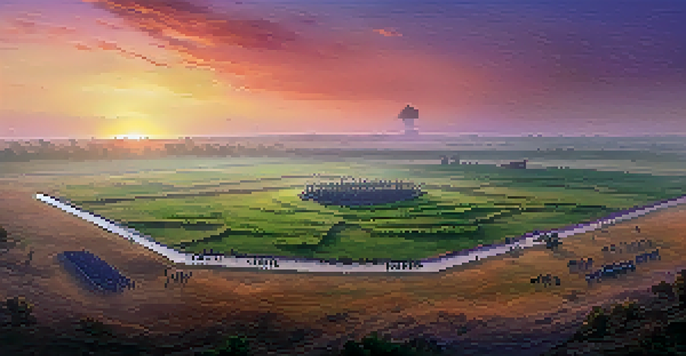 A panoramic sunset view of the historic battlefield of Panipat with ancient weaponry and silhouettes of warriors in the mist.