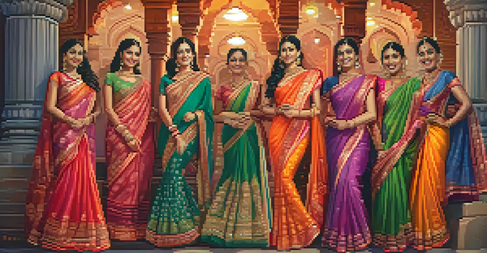 A group of women wearing colorful sarees in a festive setting with decorative lights.