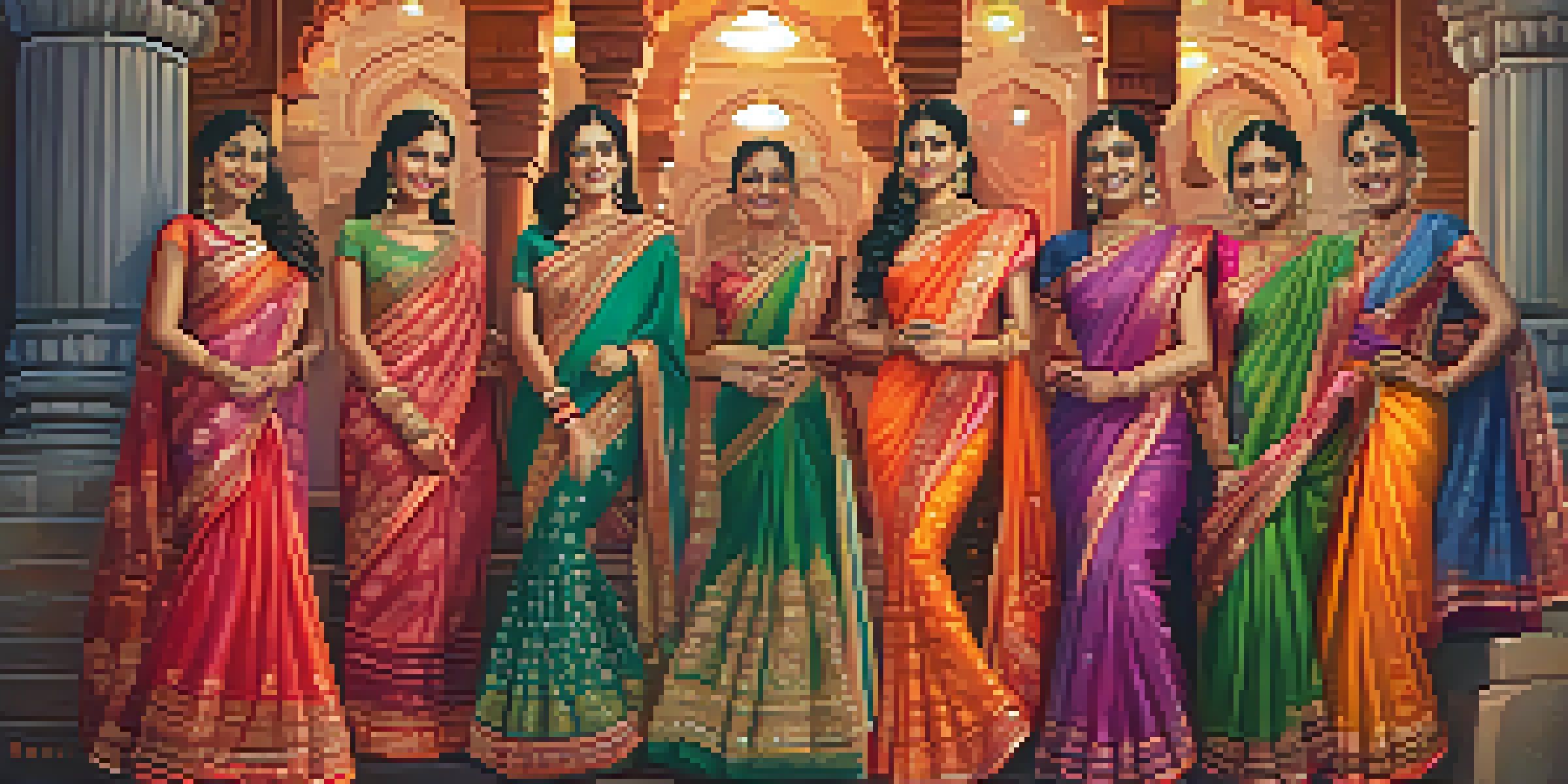 A group of women wearing colorful sarees in a festive setting with decorative lights.
