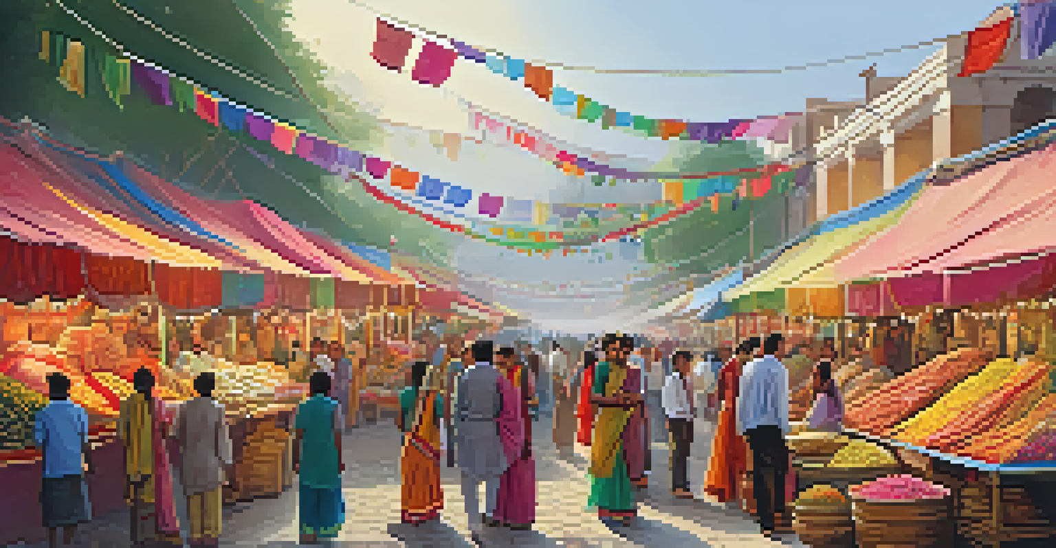 A colorful Indian festival market scene with stalls of textiles, sweets, and shoppers engaging in lively trade.