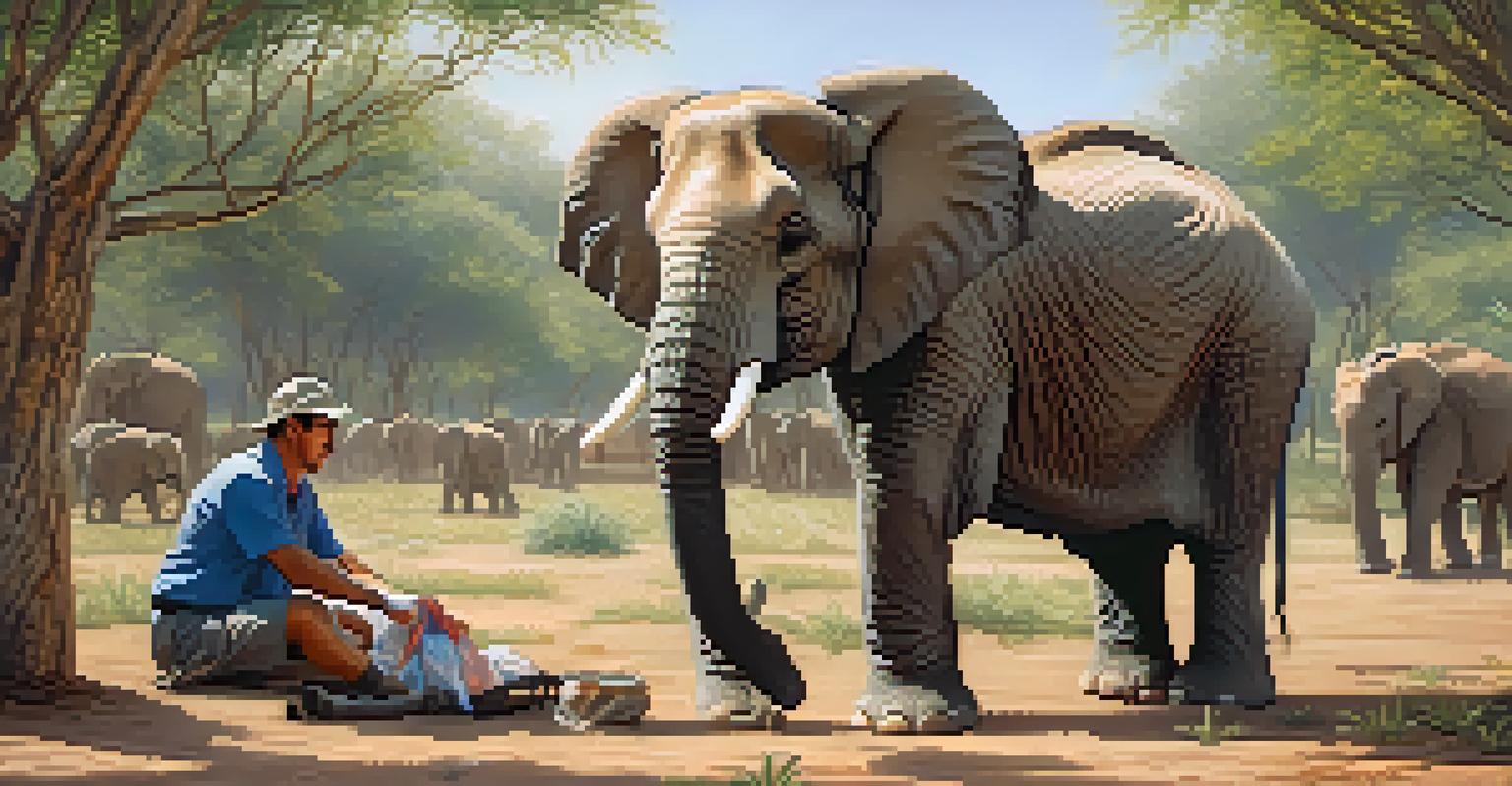 A wildlife rehabilitator caring for an injured elephant calf in a sunny outdoor setting, with medical supplies nearby and a nurturing expression.