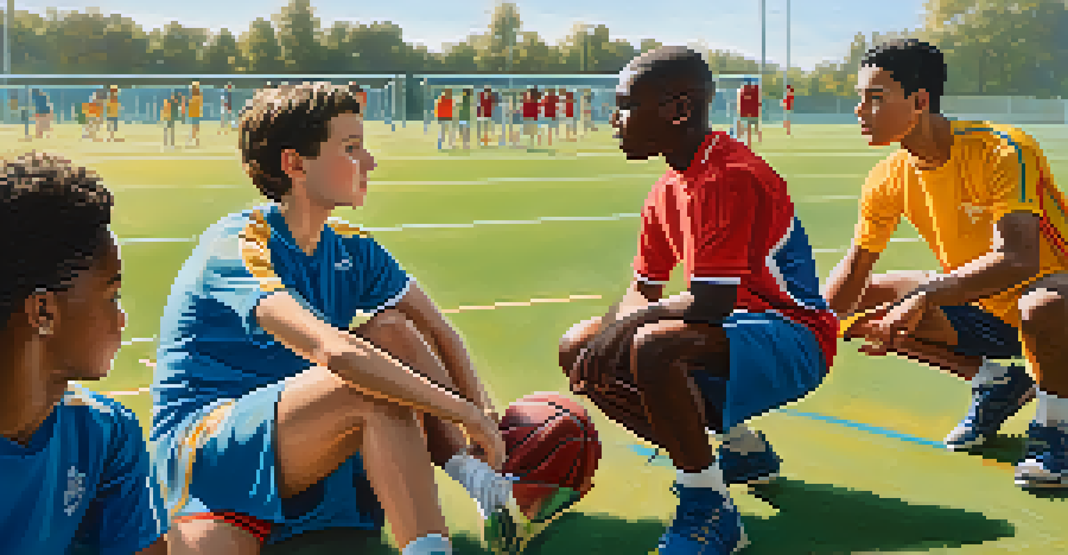 Young athletes from various countries training together on a sports field, showcasing teamwork and cultural diversity.