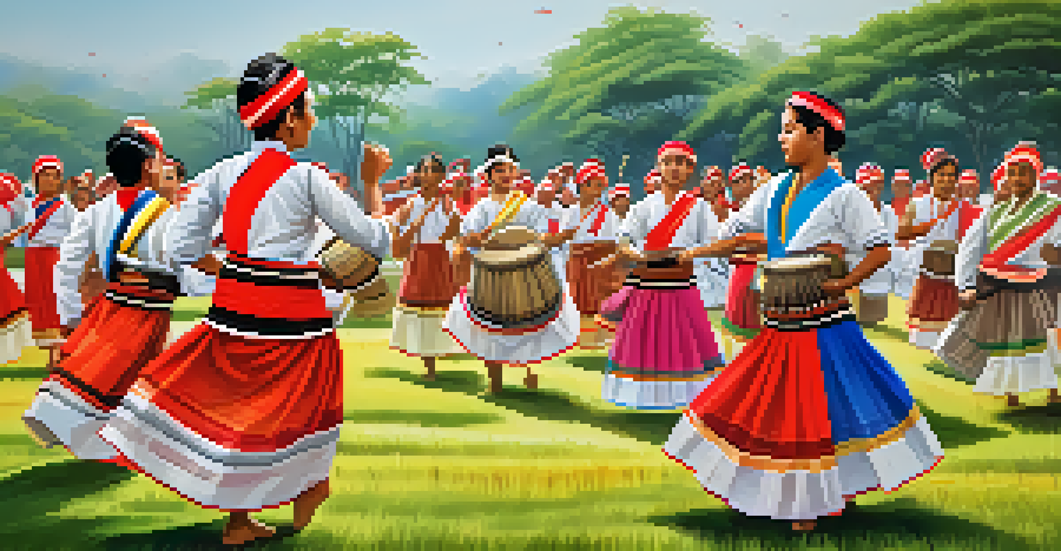 Folk dancers in colorful outfits performing outdoors with traditional instruments in a lush green setting.
