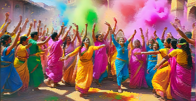 A group of people celebrating Holi, throwing colored powders in a traditional Indian setting.