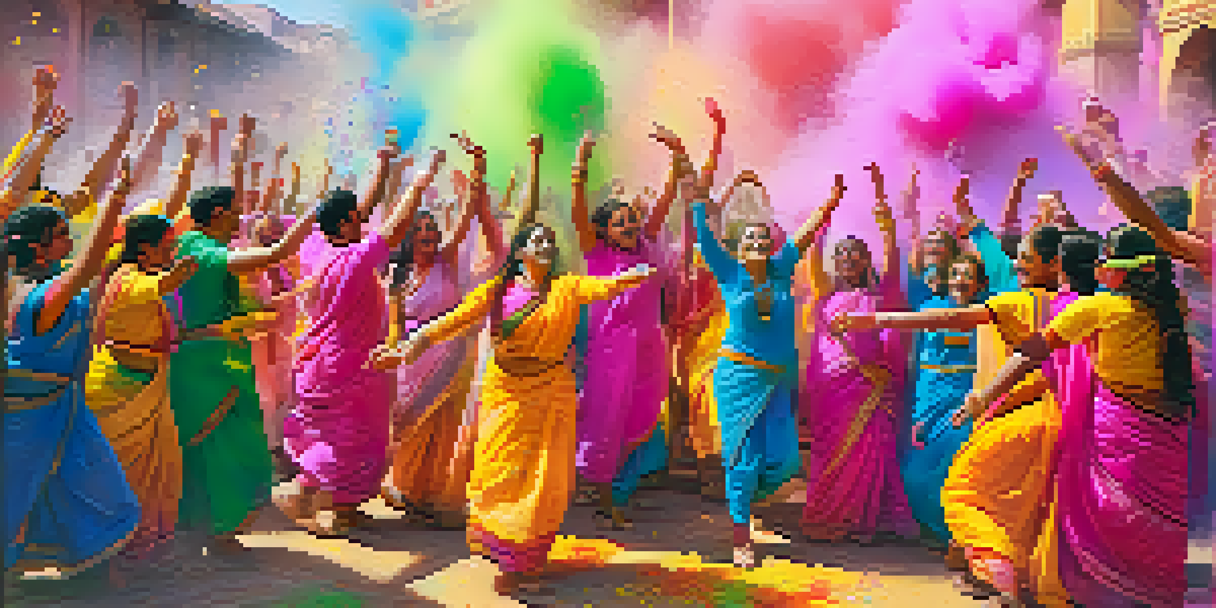 A group of people celebrating Holi, throwing colored powders in a traditional Indian setting.