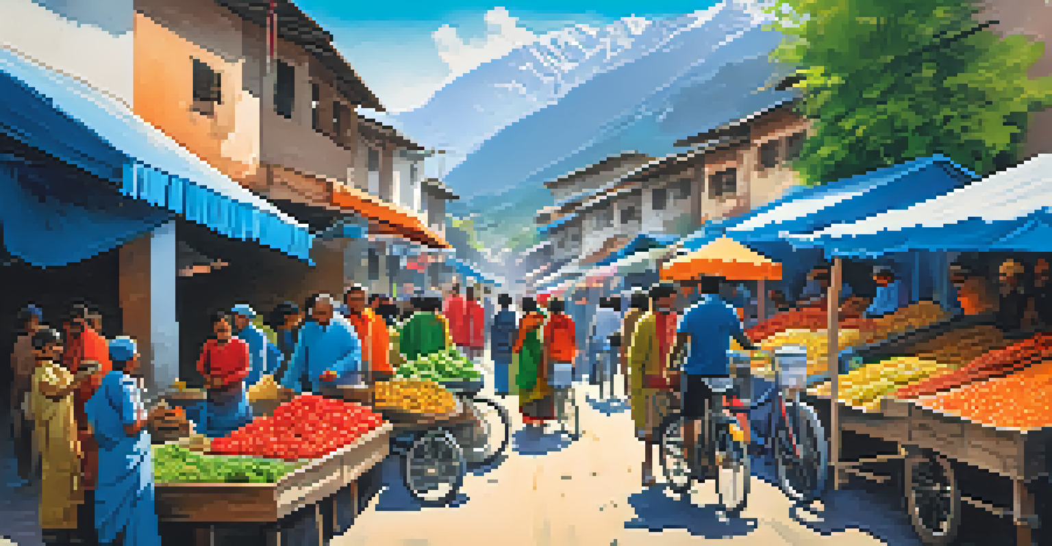 A lively local market in Uttarakhand with cyclists enjoying traditional food, colorful stalls, and distant mountains under a bright blue sky.