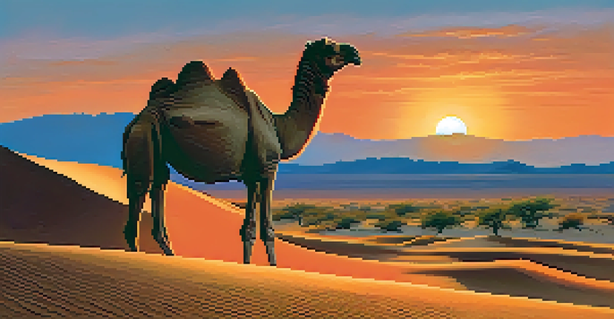 A panoramic view of the Thar Desert at sunset with sand dunes glowing in orange and red, and a silhouette of a camel in the foreground.