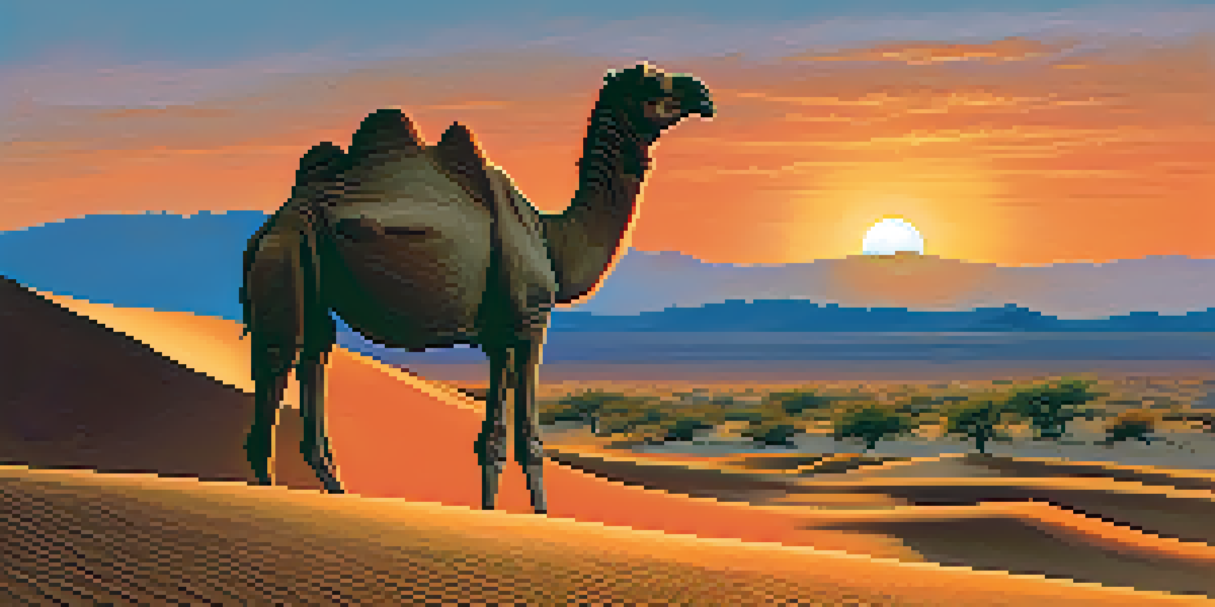 A panoramic view of the Thar Desert at sunset with sand dunes glowing in orange and red, and a silhouette of a camel in the foreground.