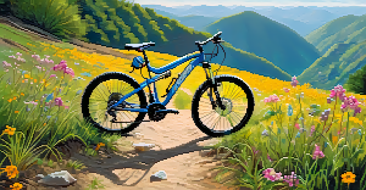 A mountain bike on a dirt path surrounded by wildflowers and hills in Uttarakhand, with sunlight glinting off the bike's frame.
