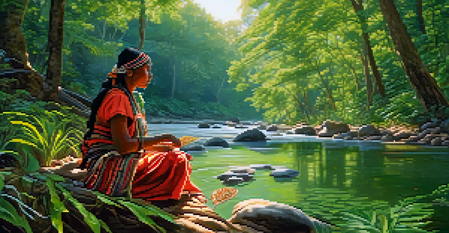 An Indigenous woman in traditional attire collecting herbs by a river in a lush forest, illustrating the deep connection with nature.