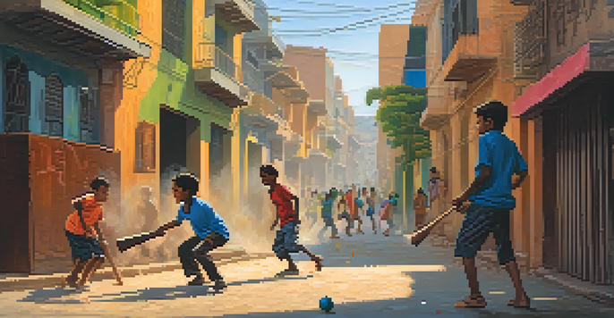 A lively street scene of children playing gully cricket in an urban setting, with colorful clothing and warm evening sunlight.