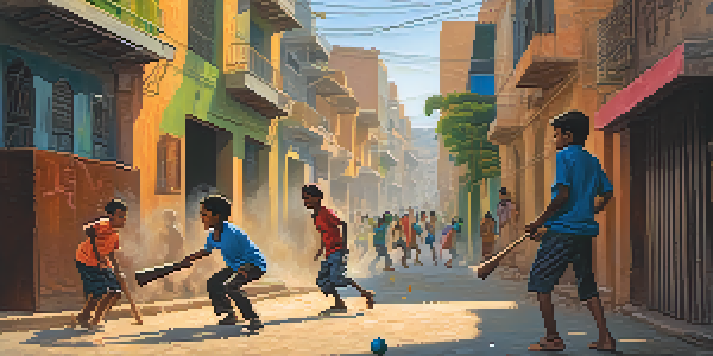 A lively street scene of children playing gully cricket in an urban setting, with colorful clothing and warm evening sunlight.