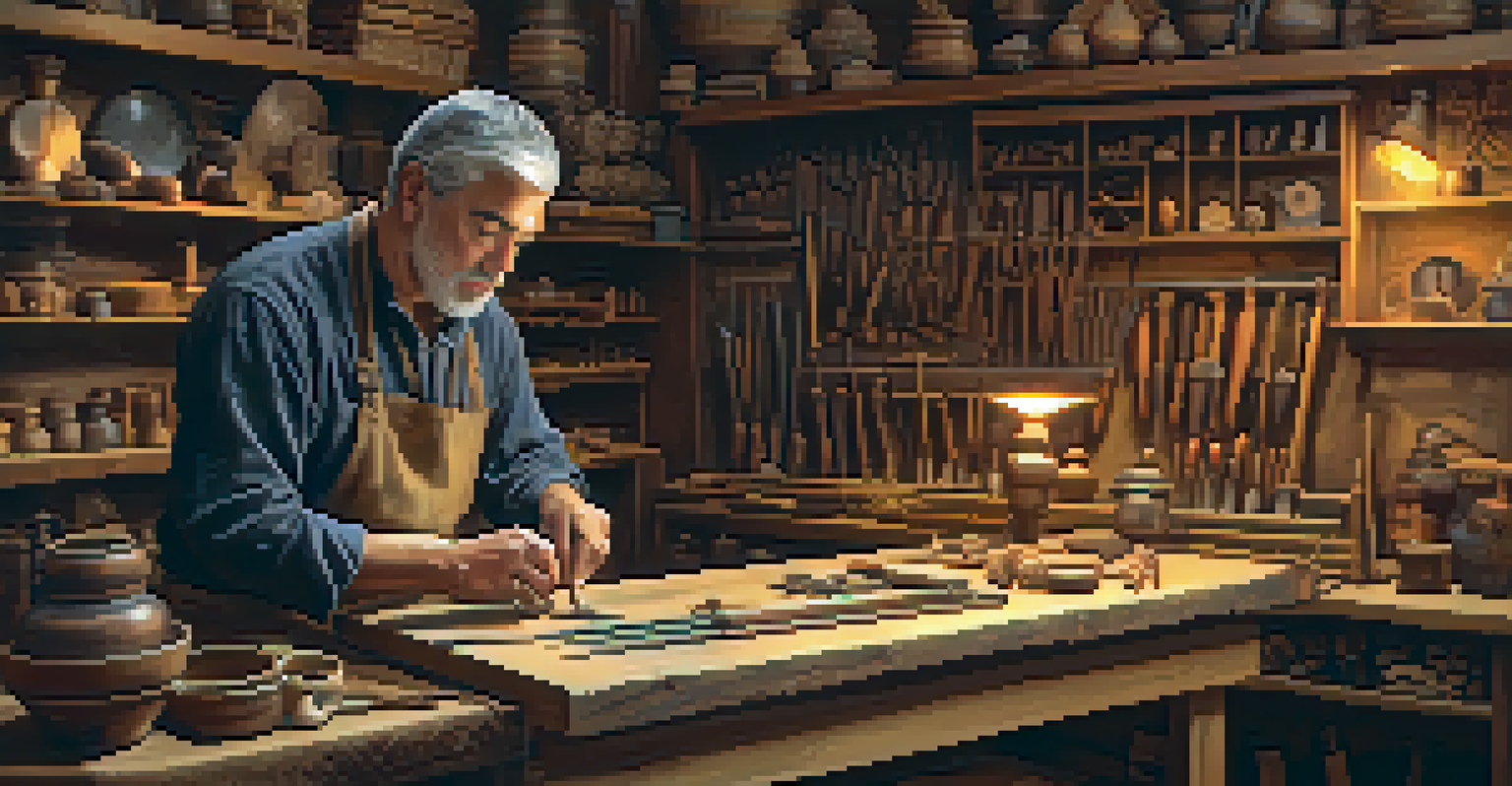 An artisan demonstrating traditional crafting techniques in a workshop filled with historical artifacts, illuminated by soft warm lighting.