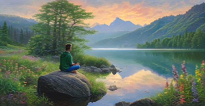 A person meditating on a rock by a calm lake surrounded by mountains at sunrise.
