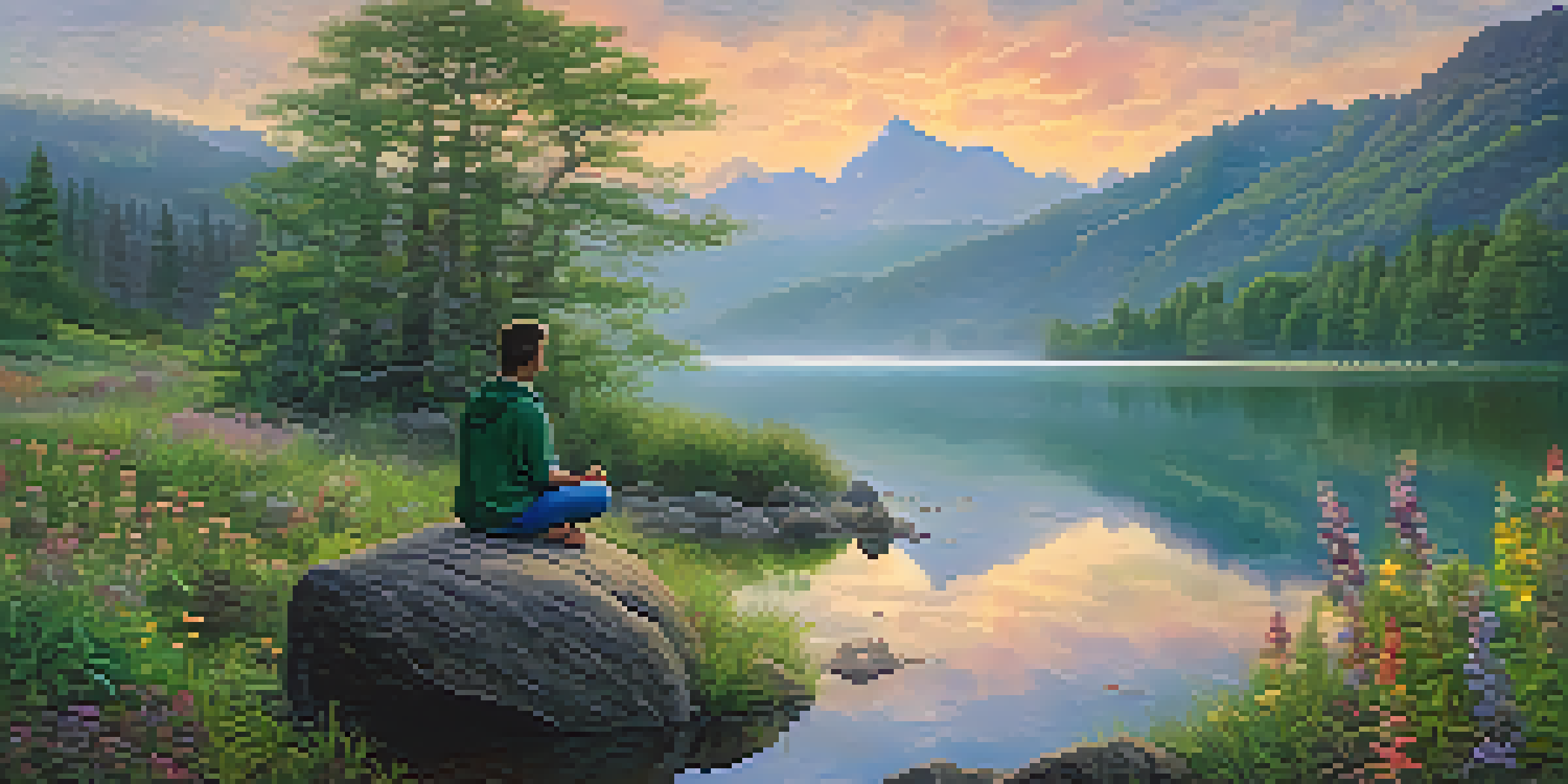 A person meditating on a rock by a calm lake surrounded by mountains at sunrise.