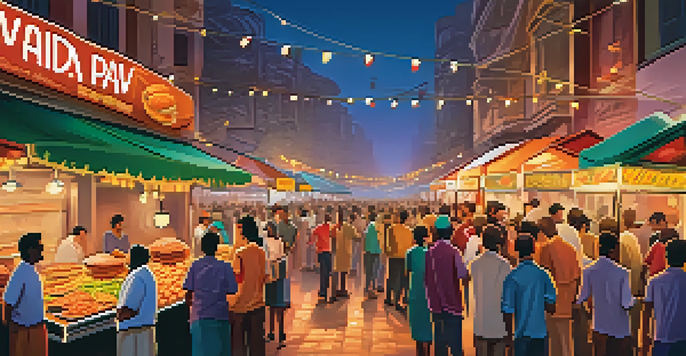 A lively Mumbai street food festival with colorful stalls and various street foods being enjoyed by a crowd.