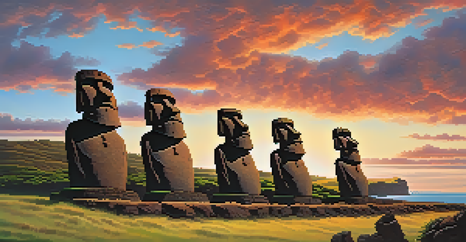 Iconic Moai statues on Easter Island silhouetted against a colorful sunset sky.