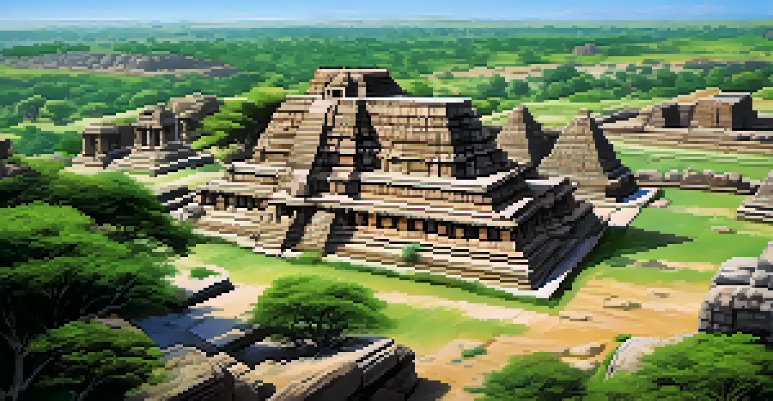 Aerial view of Hampi's ancient ruins with temples and lush greenery.