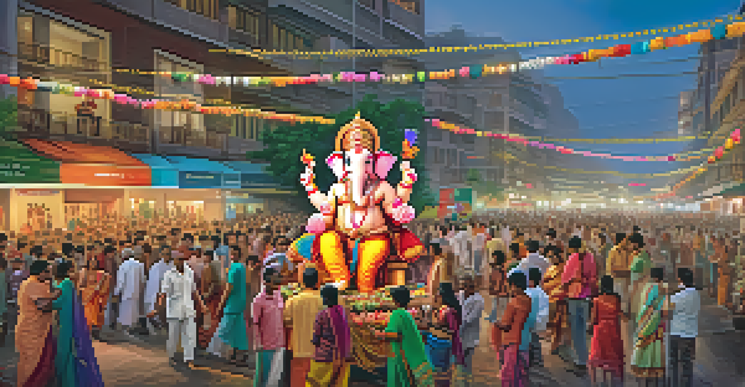 A lively scene of the Ganesh Chaturthi festival in Pune, with colorful decorations and devotees carrying an idol of Lord Ganesha.