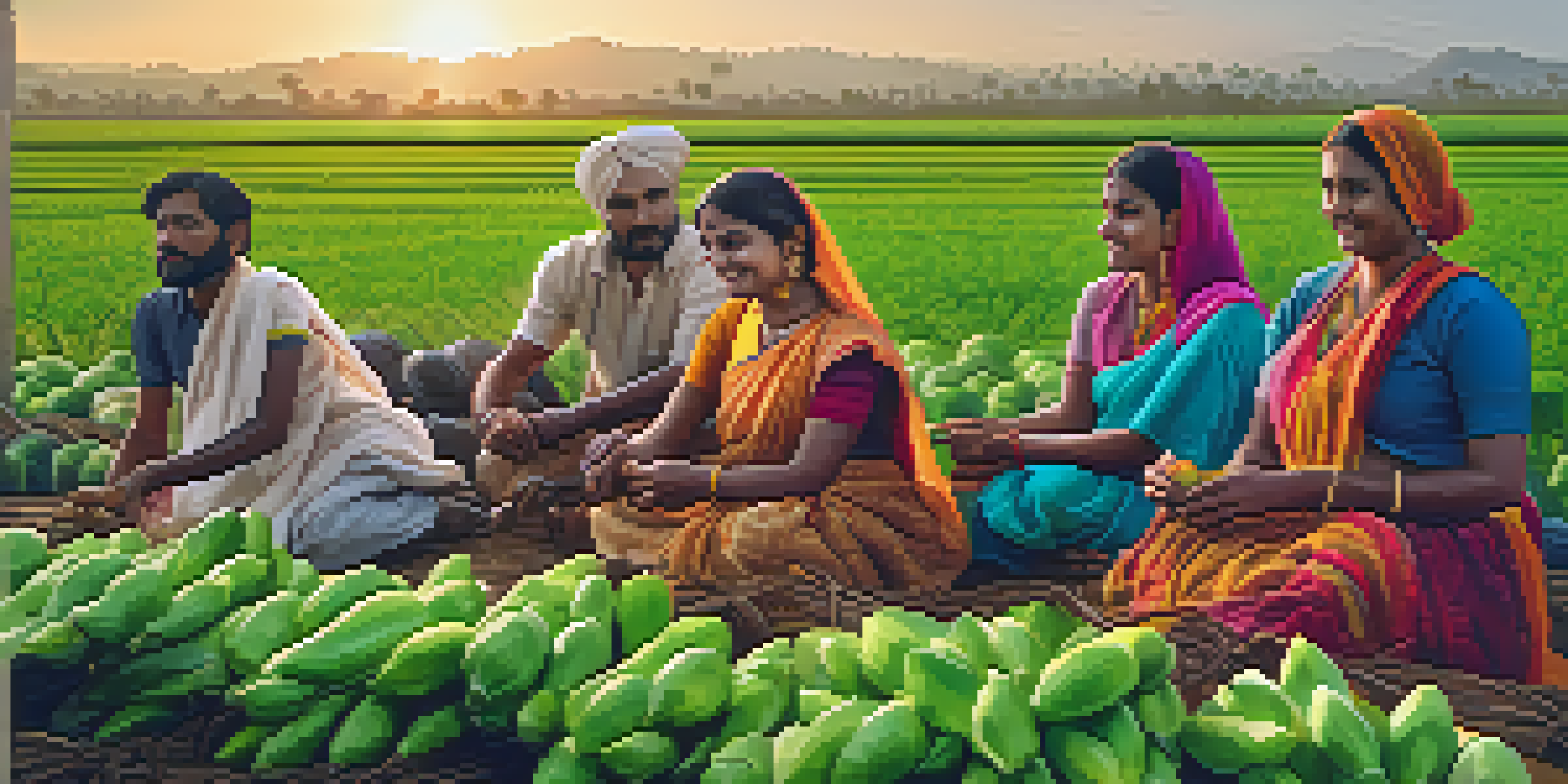 Farmers and visitors collaborating in a green field during a participatory farming tour in India, with colorful crops and a warm sunset.