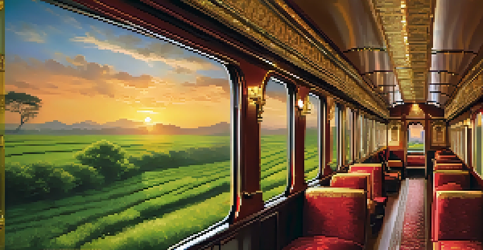 A luxurious train traveling through Indian landscapes, with passengers enjoying the view from the window.