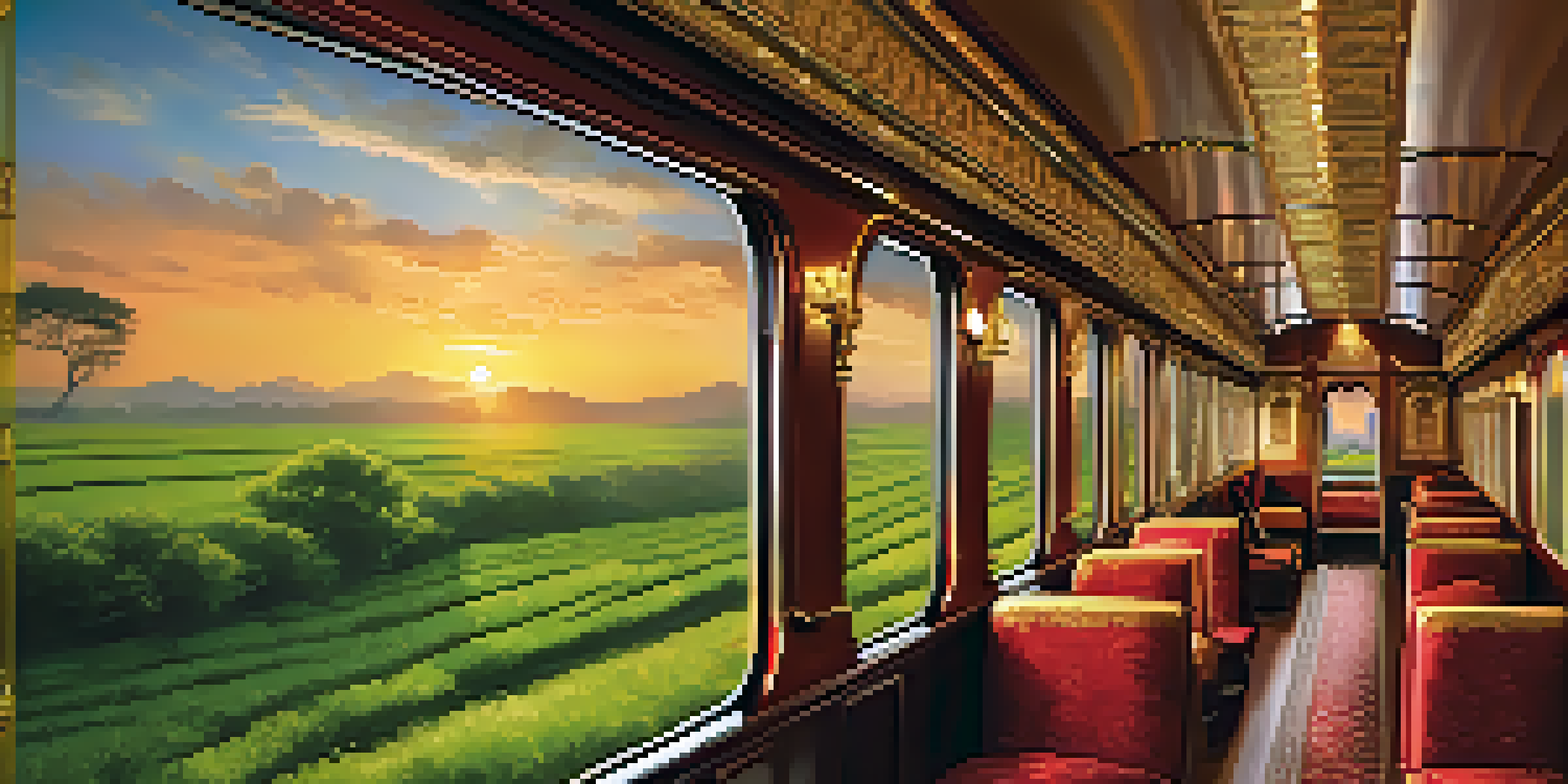 A luxurious train traveling through Indian landscapes, with passengers enjoying the view from the window.